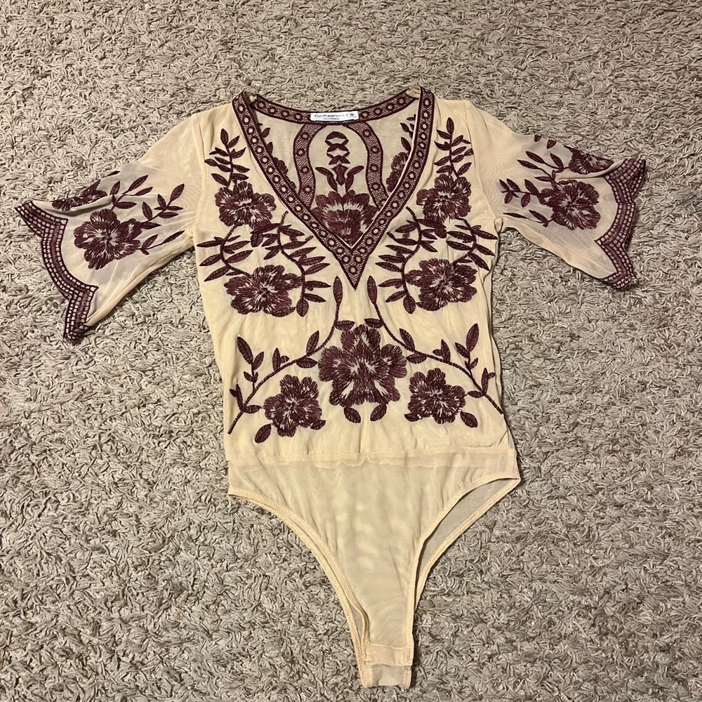 NanaMacs Cream Bodysuit with Burgundy Floral Embroidery